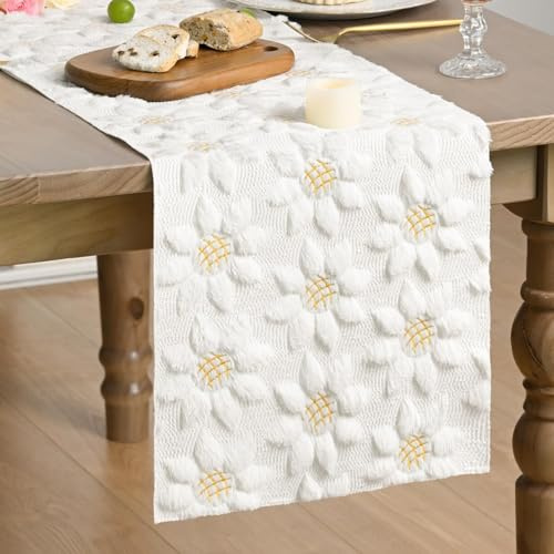 Artoid Mode Weich Plüsch Samt Faux Pelz Cremeweiß Sonnenblumen Frühling Tischläufer, Sommer Küche Tisch Urlaub Party Dekor 33x153 cm