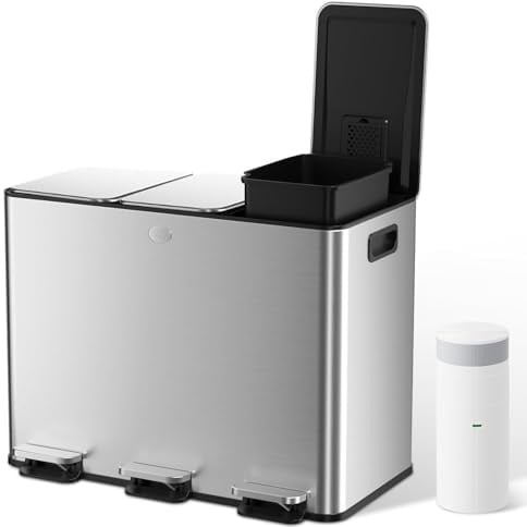 Vidacharmy Kitchen Bin, 3 x 15 L Pedal Bin, Triple Kitchen Recycling Bin, 3 Compartment Rubbish Bin for Recycling and Waste, 20 Liners Included, Trash Bin with Soft-Close Lids, Inner Buckets, Steel