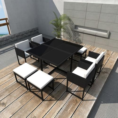 Teenpull 9-TLG. Garten-Essgruppe Poly Rattan Schwarz, 8 Personen Outdoor Möbel Set mit Glasplatte, Stühlen, Hockern und bequemen Kissen für Terrasse, Balkon