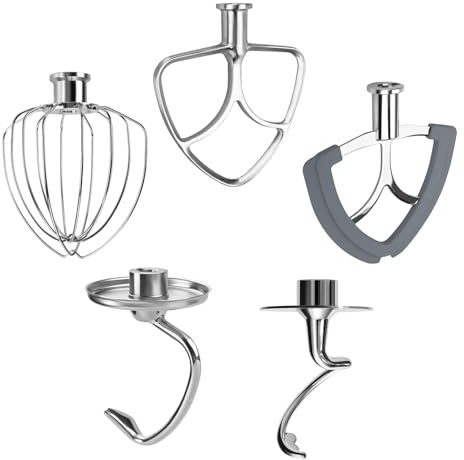 5er Zubehör Edelstahl für KitchenAid 4,3-4,7/4,8L Artisan & Classic Serie Küchenmaschinen Zubehör von MMOBIEL – K45 6-Drahtiger Schneebesen, Flachrührer, Flex Edge Rührer, Spiral-Knethaken & Knethaken