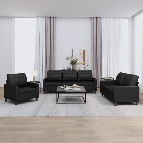 Iiaky Sofa Set 3 2 1 Wohnzimmer Sofagarnitur 3-2-1Couchgarnitur WohnzimmerSofa Kunstleder-Schwarz-Mit Kissen