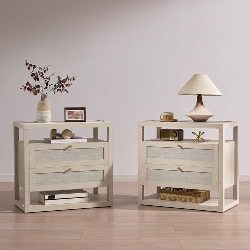 VividVibe Night Stand Set 2, Nightstand with Drawers and Storage Shelf - Rattan Boho Bedside Tables Large Nightstands Wooden Bed Side Table, Modern Farmhouse Accent Rustic End Table Light Oak