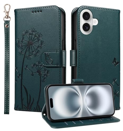 Trugox Wallet Case for Apple iPhone 16 Plus Phone Case Leather Dandelion with Credit Card Holder Purse Kickstand Folio Book Folding Flip Case Cover Women Shockproof - Teal Blue