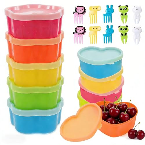 LPVVPEZ 10 Pack Small Food Containers with Lids, BPA-Free Snack Pots, Reusable Mini Storage with Airt Seal for Yogurt, Nuts, Condiments, Includes Cute Animal Forks & Stackable Design