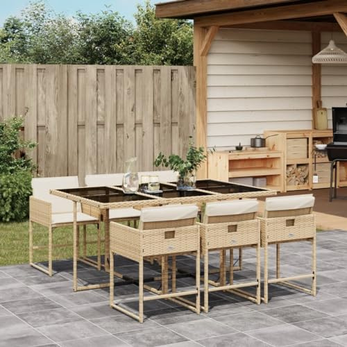 Iiaky Conjunto de Mesa y Sillas Jardín de 7 Piezas Juego Comedor de Jardín, Mesa Jardin Exterior con 6 Sillas Conjunto de Jardín de Ratán-Beige-7 pzas-Cristal
