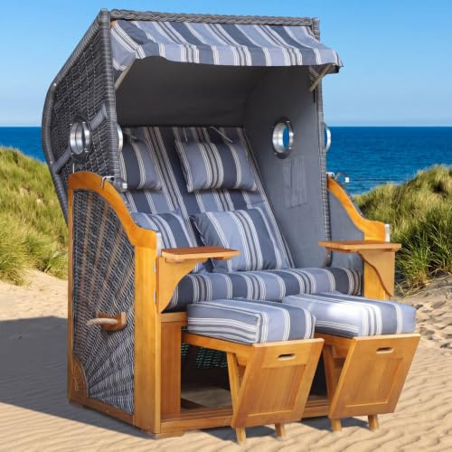 BRAST Strandkorb Ocean View Prestige | 123cm Breite | 3 Designs | inkl. Premium-Schutzhaube, Pinien Vollholz, UV-beständig, verstellbare Rückenlehne, ausziehbare Fußbänke | Grau/Blau/Beige