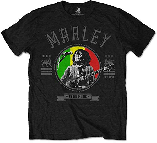 Rockoff Trade Men's Bob Marley Rebel Music Seal Regular Fit Crew Neck Short Sleeve T - Shirt, Black (Black), Large (Manufacturer Size:Large)