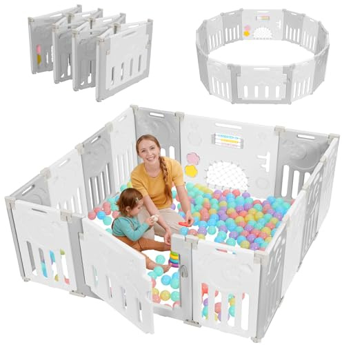 Baby Playpen, 14-Panel Foldable Play Pen for Babies 6-12 Months, Grey White