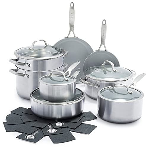 GreenPan Venice Pro Tri-Ply Stainless Steel Healthy Ceramic Nonstick 13 Piece Cookware Pots and Pans Set, PFAS-Free, Multi Clad, Induction, Dishwasher Safe, Oven Safe, Silver