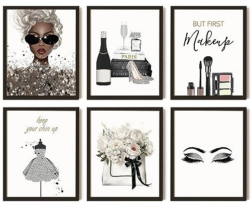 97 Decor Glam Grey Fashion Wall Decor – 6 Stück wendbare Make-up-Poster, Silber und Schwarz Glam Wandkunst für Frauen Make-up Raum, Silber Schlafzimmer Dekor für Mädchen (20.3x25.4 cm, ungerahmt)