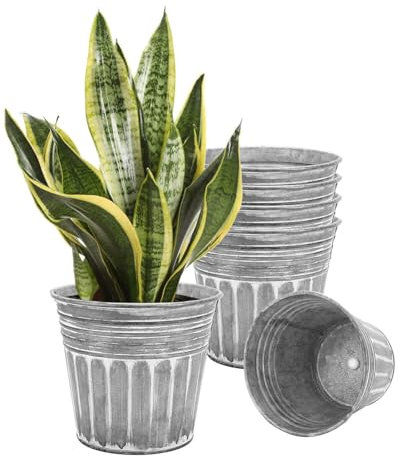 vensovo Galvanised Metal Plant Pots for Indoor Outdoor Use – 6Pcs Rustic Flower Planters with Drainage Hole & Plug, Silver Herb Pots, Small Garden Buckets for Succulents & Flowers, 7 Inch