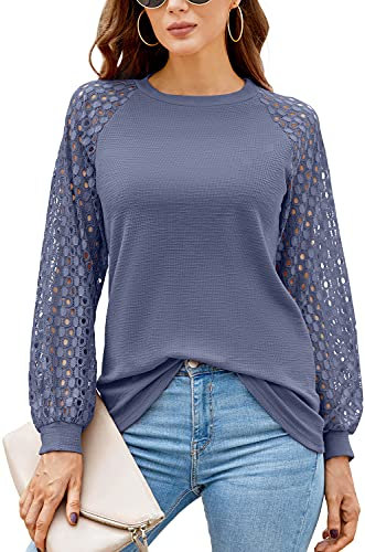 DEARCASE Camicia Donna a Manica Lunghe Top Casual Magliette Donna Camicia Eleganti Scollo a V Pizzo Manica Bluse T Shirt Tops, Azzurro S