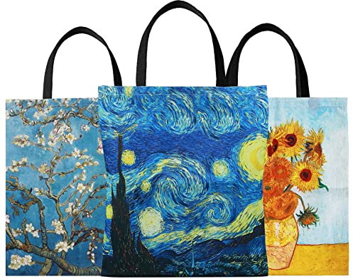 Van Gogh Einkaufstasche aus Segeltuch, ästhetische, wiederverwendbare Schultertasche für Mädchen und Frauen, Sternennacht, Sonnenblume, Mandelblüte, 3 Stück