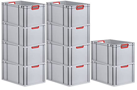 PROREGAL SuperSparSet 10x Eurobox NextGen Color | HxBxT 32x40x60cm | 65 Liter | Griffe rot offen | Verstärkter Boden | Eurobehälter, Transportbox, Transportbehälter, Stapelbehälter