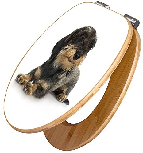 banjado Design WC Sitz Bambus Absenkautomatik 45,8x37,5cm / Toilettendeckel mit Absenkautomatik Holz/hochwertiger Bambus Klodeckel/WC-Sitz für gängigen Toiletten/Motiv Dackel