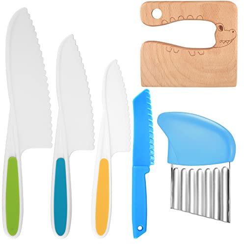 JETFLIP 6 Pcs Kids Kitchen Knife Set,Kids Kitchen Safety Knives, Reusable Plastic Children's Cooking Knives, Kids Cutting Knife with Serrated Edges for Fruit Vegetable Salad Cake Knives（Blue