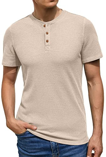 Sailwind Mens Short Sleeve T Shirt Casual Grandad Shirts for Men Waffle Tshirts Henley Tops for Men (Khaki, XL)