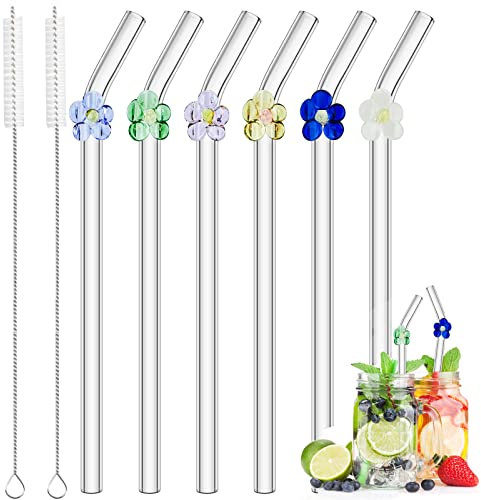 Cokeesun 6 PCS Glass Straws Reusable Drinking Straw 20cm Clear Glass Straw with Colorful Flowers and 2 Cleaning Brushes for Drinks Cocktails Smoothies Milk Coffees Juices (Curved)
