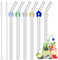 Cokeesun 6 PCS Glass Straws Reusable Drinking Straw 20cm Clear Glass Straw with Colorful Flowers and 2 Cleaning Brushes for Drinks Cocktails Smoothies Milk Coffees Juices (Curved)