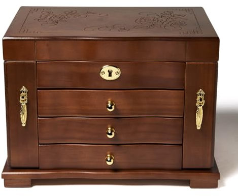 FEECOZ Schmuckschatulle aus Holz für Damen, Massivholz, Schmuck-Organizer mit Spiegel und 3 Schubladen, Ring, Halskette, Vintage-Stil, Aufbewahrungsbox mit Schloss (dunkelbraun (Rosenmuster)