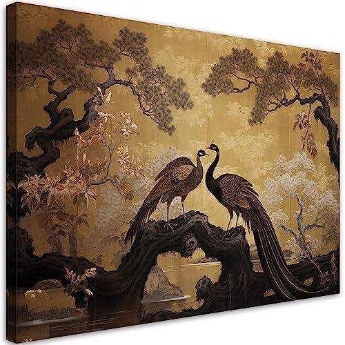 Feeby Bilder Pflanzen Blumen Pfau 120x80 cm 1 tlg Modern Leinwandbilder Bild auf Leinwand Kunstdruck Wand Bild Wanddeko Design Schlafzimmer Büro Flur Hotel Spa Wohnzimmer AI Zweige Natur Beige