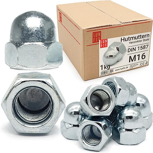 Lun Fix Lot de 18 écrous borgnes M16 | 1 kg – Environ 18 pièces | DIN 1587 forme hexagonale haute - Filetage intérieur métrique - Acier galvanisé - Écrous de recouvrement pour boulons filetés