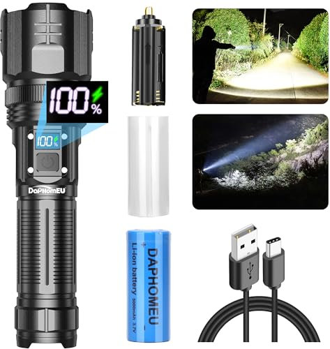 Lampe Torche LED Ultra Puissante Rechargeable, 150000 Lumens Lampe Torche Puissante, Lampe De Poche Led Super Lumineuse éTanche Avec 5 Modes, AdaptéE Aux Urgences, Au Camping (Avec batterie) (1)