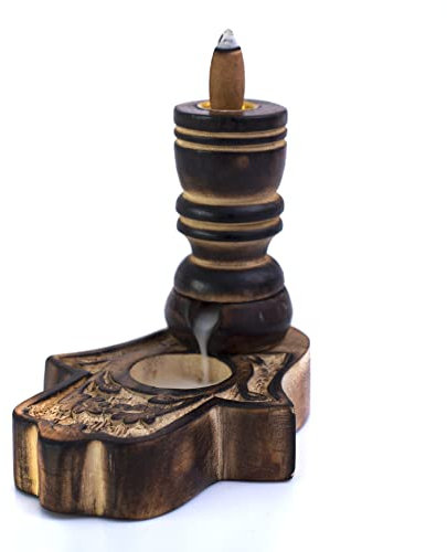 Handgefertigter hölzerner Backflow Weihrauchkegel Dhoop Stick Brenner Reverse Fluss Wasserfall Brunnen Rauch Ständer Aschefänger Luftdiffusor mit 12 Weihrauchkegeln Haus Wohnzimmer Dekor Aromatherapie