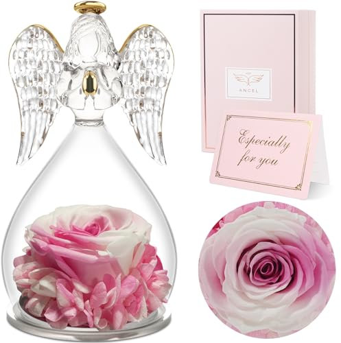 Sunia Rose Eternelle Cadeau Femme, Fleur Eternelle avec Ange Figurine, Cadeau Anniversaire Femme, Ange Rose Eternelle pour Maman, Cadeaux Mamie Original, Cadeaux Noel, Saint Valentin, Fete des Meres