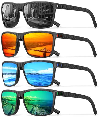 DioKiw Quadratische polarisierte Sonnenbrille für Herren, Vintage-Stil, Fahren, Reisen, Vollrand, Klassisch, UV-Schutz, 4er-Pack: Schwarz, Rot, Grün, Blau