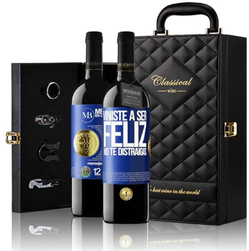 «Viniste a ser feliz No te distraigas» Mensaje en una Botella. Estuche-Maletín de LUJO 2x Vino Tinto Premium Reserva 12 Meses y Set de 4 Accesorios. Etiqueta Azul PERSONALIZABLE