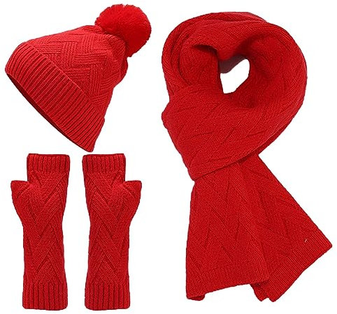 callmo Mutze Schal Set Damen Rot, Strickmütze Wintermütze Schal Set Beanie Gestrickt Fleece Bommel Touchscreen Handschuhe Set Winterschal Set Grobstrick Schal Damen Geschenk Winterzubehör