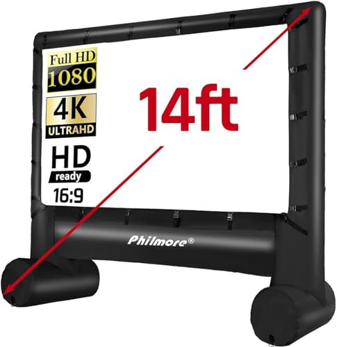Philmore PSI-114 Outdoor Inflatable Projector Screen - 14' Auto-Inflate Cinema Screen with Blower Motor, Ground Stakes, Fixed Rope & Carrying Bag - Ideal for Backyard, Events, and Entertainment