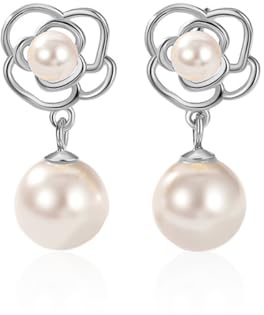 Reffeer Ohrhänger aus massivem 925er Sterlingsilber mit Kunstperlen für Damen, Ohrringe, Mädchen, Perlen-Blumen-Ohrhänger, Blumen-Ohrstecker