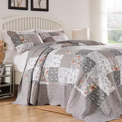 Barefoot Bungalow Giulia Gesteppte Baumwoll-Tagesdecke-Set, 3-teilig, Jumbo-King-Size-Bett, Grau