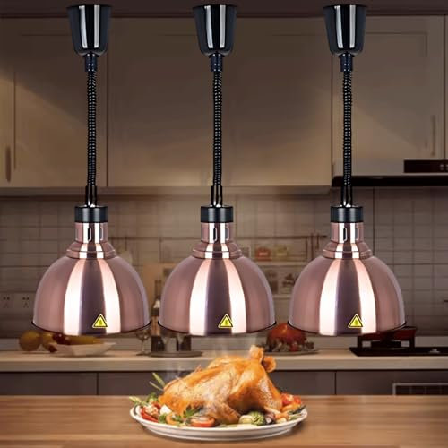Aocay Wärmelampe Küche Gastro, Hängende Speisenwärmer Lampe Einstellbare Höhe, 250W Lebensmittel Wärmelampe Buffet 19cm/25cm(Kupfer-25cm, 3 Stück)