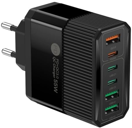 Chargeur USB-C Rapide 55W 6 Ports Prise Type C 25 W Chargeur Multiple PD QC3.0 Charge Mobile, Prise d'alimentation USB C Samsun S22 S23 S24 iPhones 15 14 13, 16, 16E, fiche Murale Adaptateur