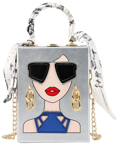 Einzigartige 3D-Damengesichts-Handtasche aus PU-Leder mit Tragegriff oben für Damen, flippige Tragetasche, Hobo-Umhängetasche, Kette Silber, Large, Neuheit