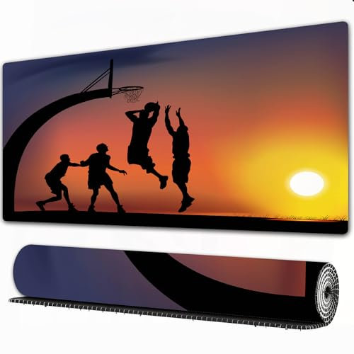 FEHWI Mauspad 75×40 cm Verlängertes großes Mauspad Schreibtischauflage,Jungs, Basketball, Sonnenuntergang, Horizont, Himmel,genähte Kanten Gaming Mauspad,rutschfeste Gummibasis