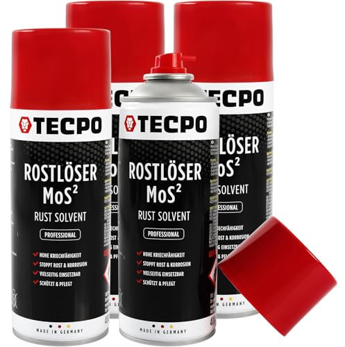 TECPO 4X Rostlöser MoS², 400ml Schmiermittel Rost Umwandler - Multifunktionsspray mit Korrosionsschutz und Kriechfähigkeit für oxidierte und verrostete Verbindungen