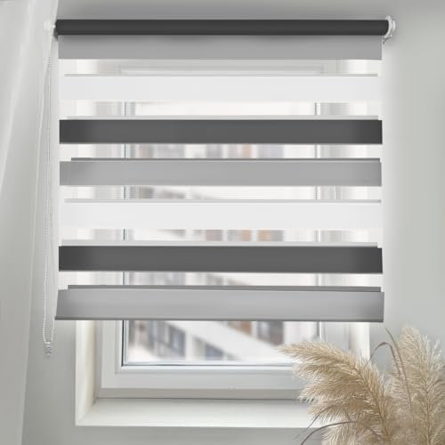Home-Vision® DuoRollo Schrauben, Doppelrollo mit Bohren zum Anschrauben, Rollos für Fenster und Türen (Weiß-Grau-Schwarz, B145 x H150 cm)