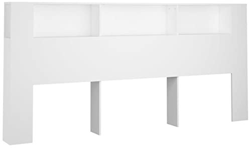 Kopfteil aus Holz mit integriertem Bücherregal, Regal für Bett, Weiß, 220 x 18,5 x 104,5 cm