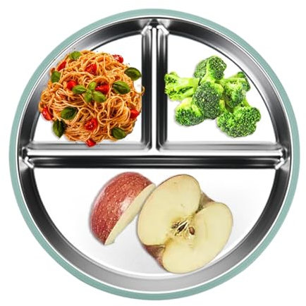 Oldmoom Stainless Steel Divided Plates for Kids - Three Compartments Metal Food Tray Stainless Steel Dishes - Divided Serving Tray Portion Control Plate with Silicone Base for Home School