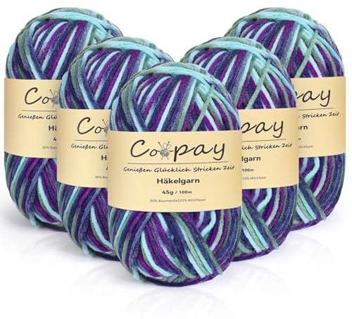 Coopay Wolle zum Häkeln, 5 x 45g Farbverlauf Häkelgarn, 5-Fädig Wolle zum Stricken, Weicher Häkelgarn Mehrfarbig, Bunt Garn zum Stricken Häkeln, Schönes Acrylgarn für Anfänger,Lila Blau Grün