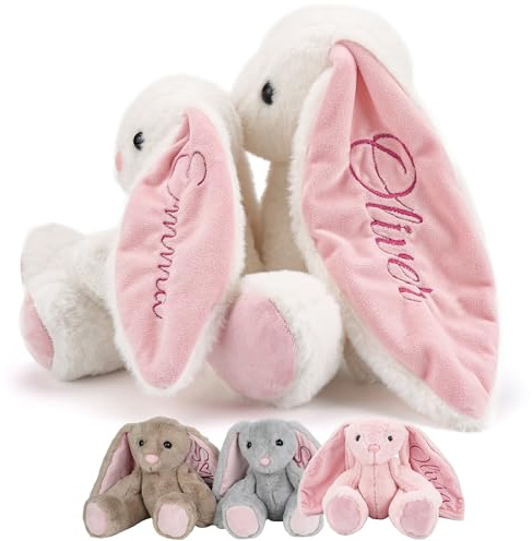 GifXify Personalisiertes Hasen-Plüschtier mit gesticktem Namen auf den Ohren – individuelles Plüschtier für Kinder – weiches handgemachtes gesticktes Plüschtier – individualisiertes Baby-Geschenk für