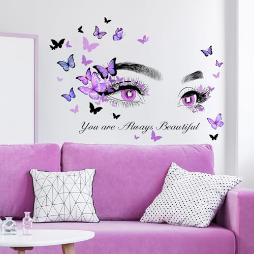 MagiMural Beautiful Eyelash Eyes Wall Stickers, Purple Flying Butterfly Peel and Stick Wall Decals, Bedroom Living Room Sofa TV Background Art Wall Decor