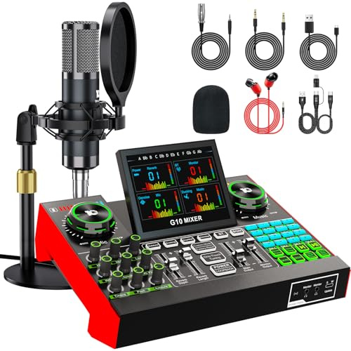 Denoise (P15) - Set di attrezzature per podcast con microfono a condensatore da 3,5 mm per pc/telefono, live streaming, canto e registrazione di musica, mixer audio con scheda audio dal vivo, scheda