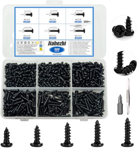 Set di 500 viti autofilettanti M2,5 x 5/6/8/10/12, piccole viti a croce con testa bombata per elettronica, orologiai e riparazioni di occhiali per applicazioni precise