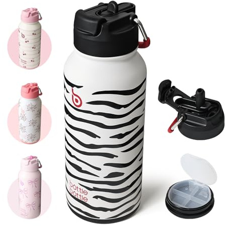 BOTTLE BOTTLE Insulated Water Bottle 950ml(32oz) Stainless Steel Sports Water Bottles with Straw Dual-use Lid Drink Flask Design for Gym with Pill Box (Zebra Stripe)