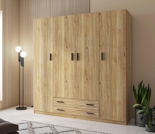 Meyvaser.com Ecommerce Company Armario 4 Puertas con 2 Cajones, Incluye 2 Estantes y 3 Barras para Colgar, Color Mauvella-Rayas, 208 x 199,8 x 51,6 cm